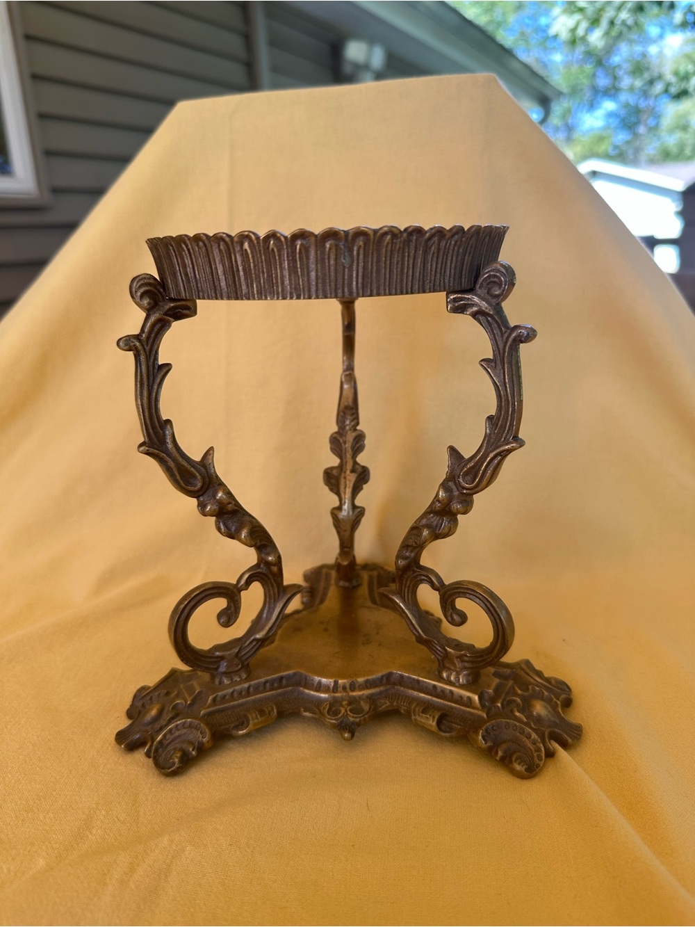 Vintage Brass Three-Footed Vase Holder Ornate Candle Stand Tripod